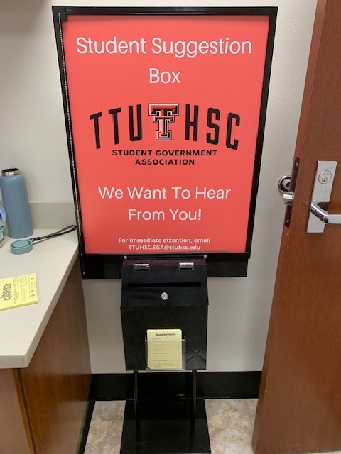 Picture of the SGA Suggestion Box on the Amarillo campus in the SOM building.