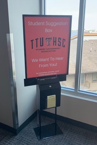 Picture of the Dallas SGA Suggestion Box located in the Student Lounge