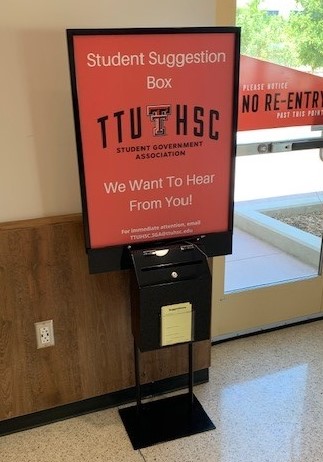 Picture of the Odessa SGA Suggestion Box located in the ACB 1st floor by tables.